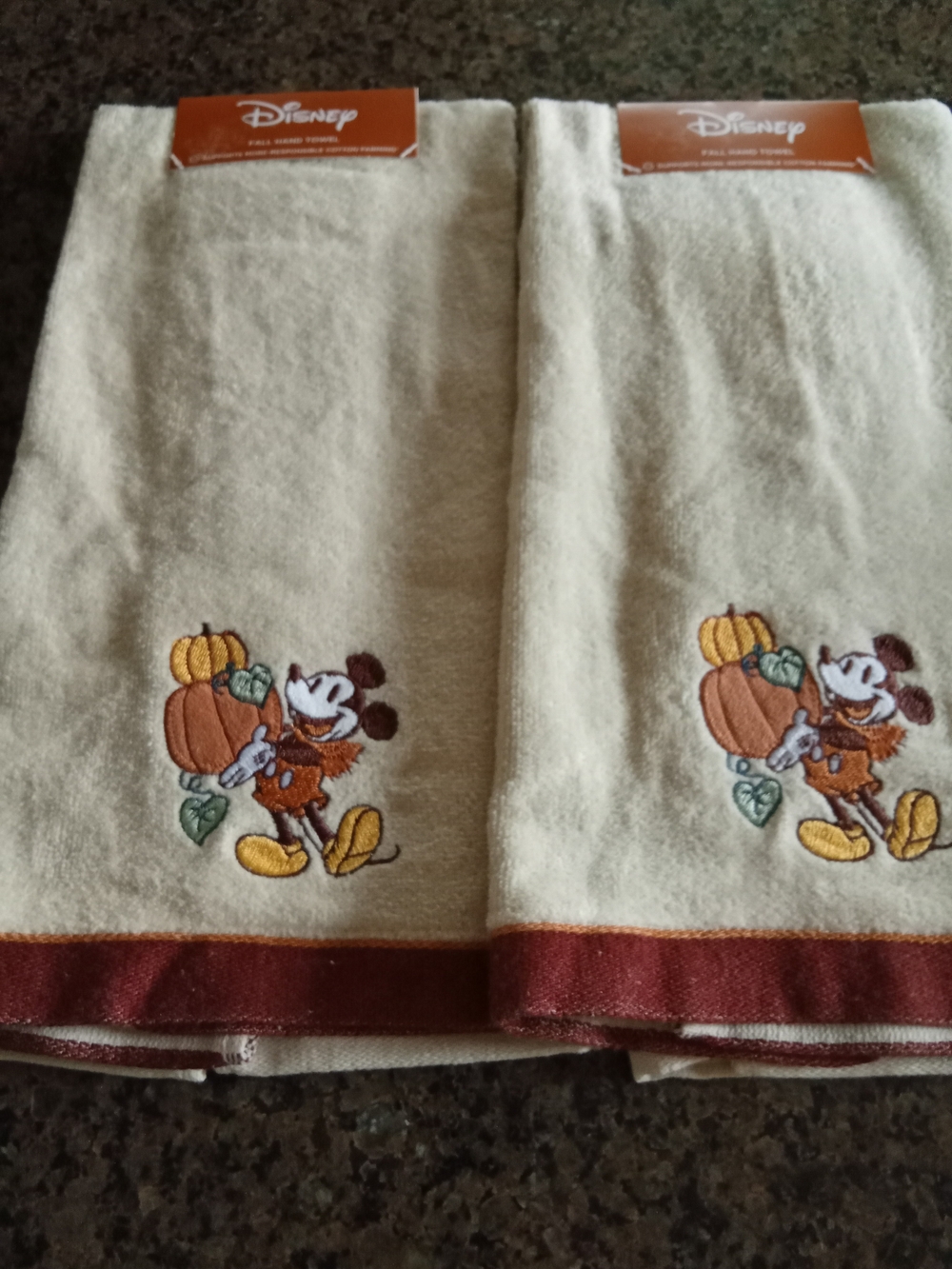 Disney Mickey Pumpkin Fall Embroidered 2 Cream Hand Towels